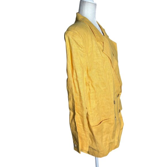 Vintage 90s Double Breasted Blazer Jacket Size 12 Yellow Linen Shoulder Pads - Picture 5 of 6